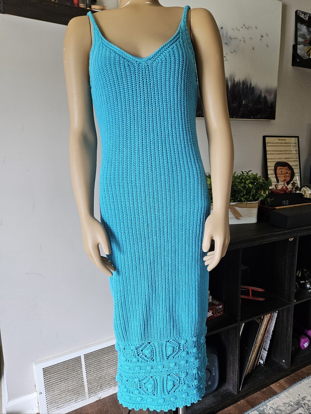 Willow & Wind Turquoise Crochet Knit Spaghetti Strap Maxi Dress Beachy Coastal